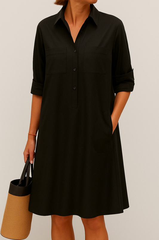 Nelida - Vestido Camisero de Corte en A Con Cuello Botones en la Parte Delantera y Bolsillos