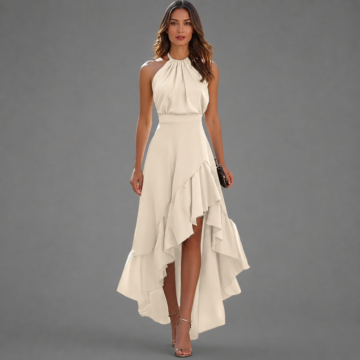 Benetou | Vestido Maxi Halter Con Volantes Asimétricos