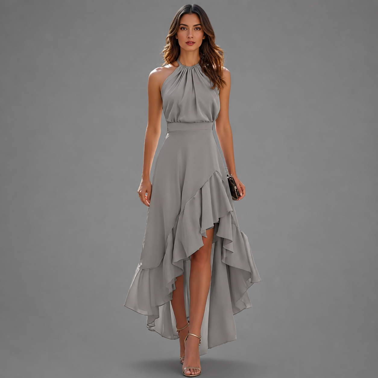 Benetou | Vestido Maxi Halter Con Volantes Asimétricos