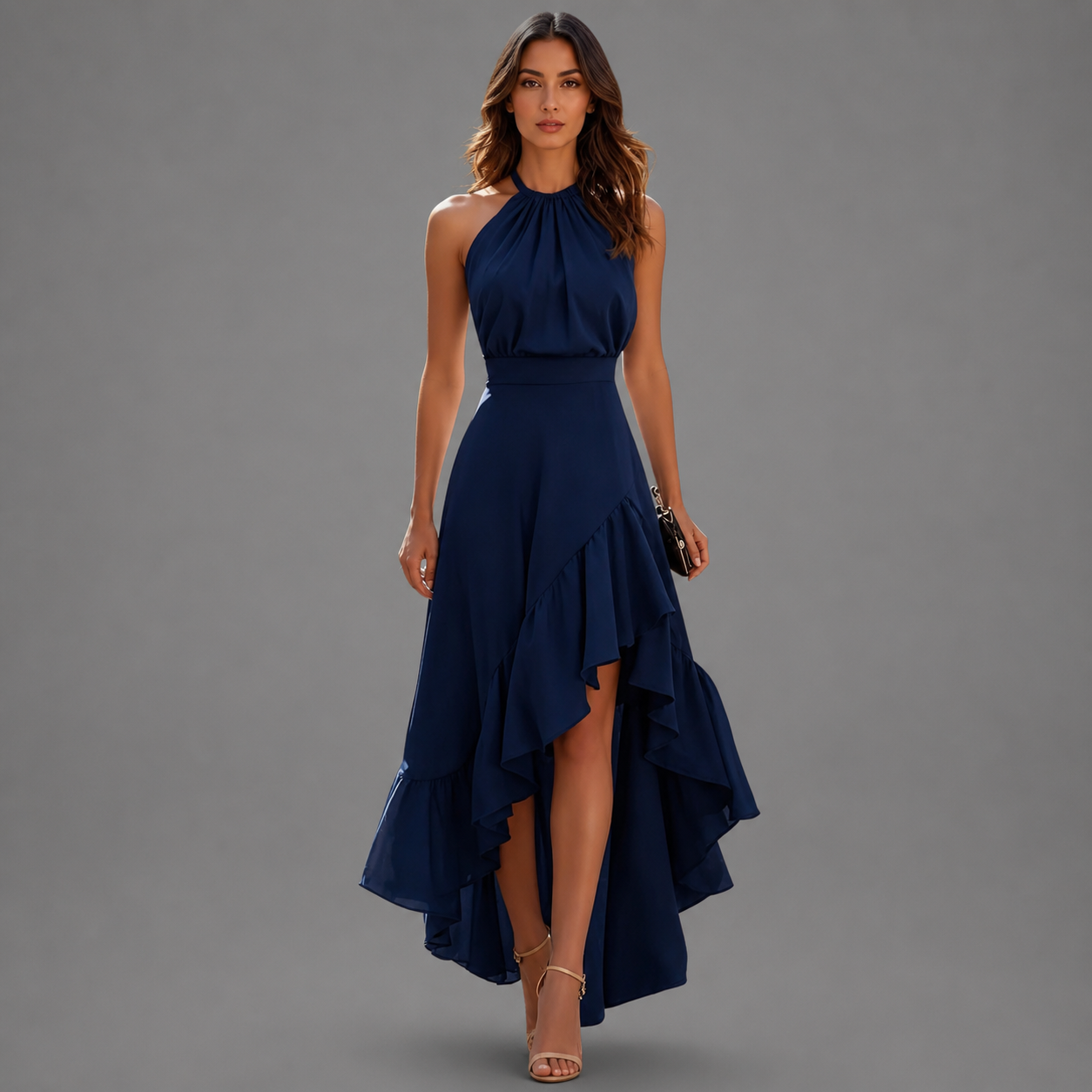 Benetou | Vestido Maxi Halter Con Volantes Asimétricos