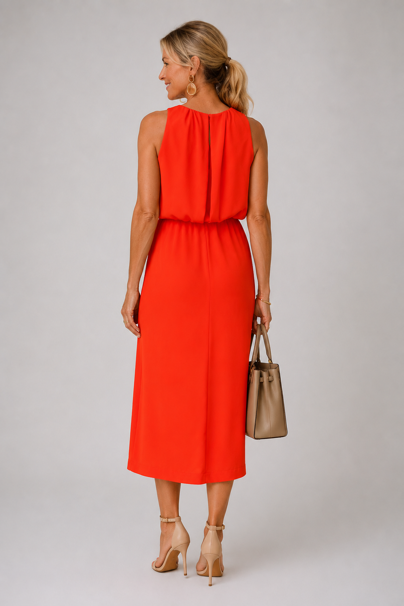 Antoinette | Vestido Midi Sin Mangas Con Cuello Fruncido Y Abertura Delantera