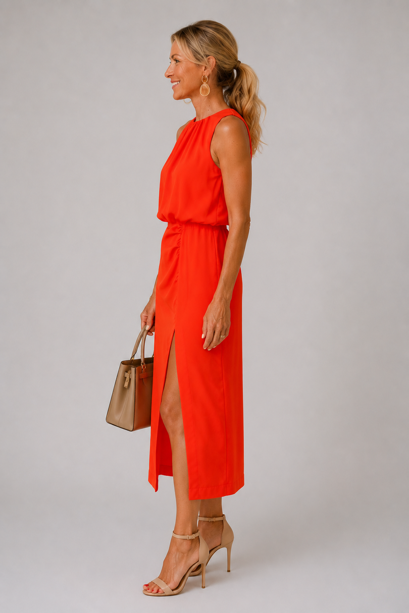 Antoinette | Vestido Midi Sin Mangas Con Cuello Fruncido Y Abertura Delantera