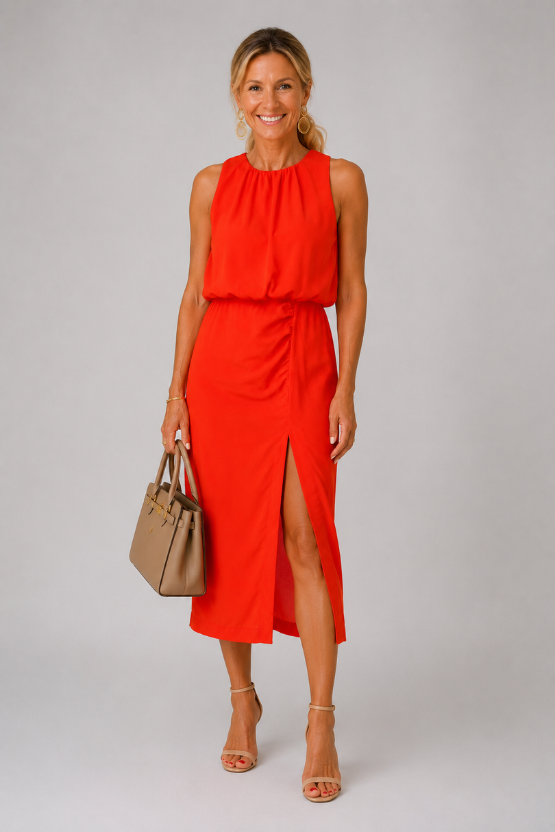 Antoinette | Vestido Midi Sin Mangas Con Cuello Fruncido Y Abertura Delantera