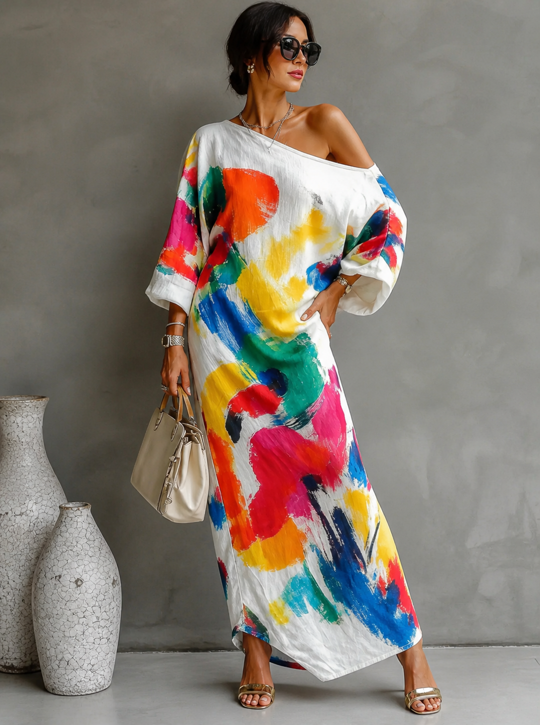 Lorrainen | Vestido Largo de un Solo Hombro con Estampado Abstracto