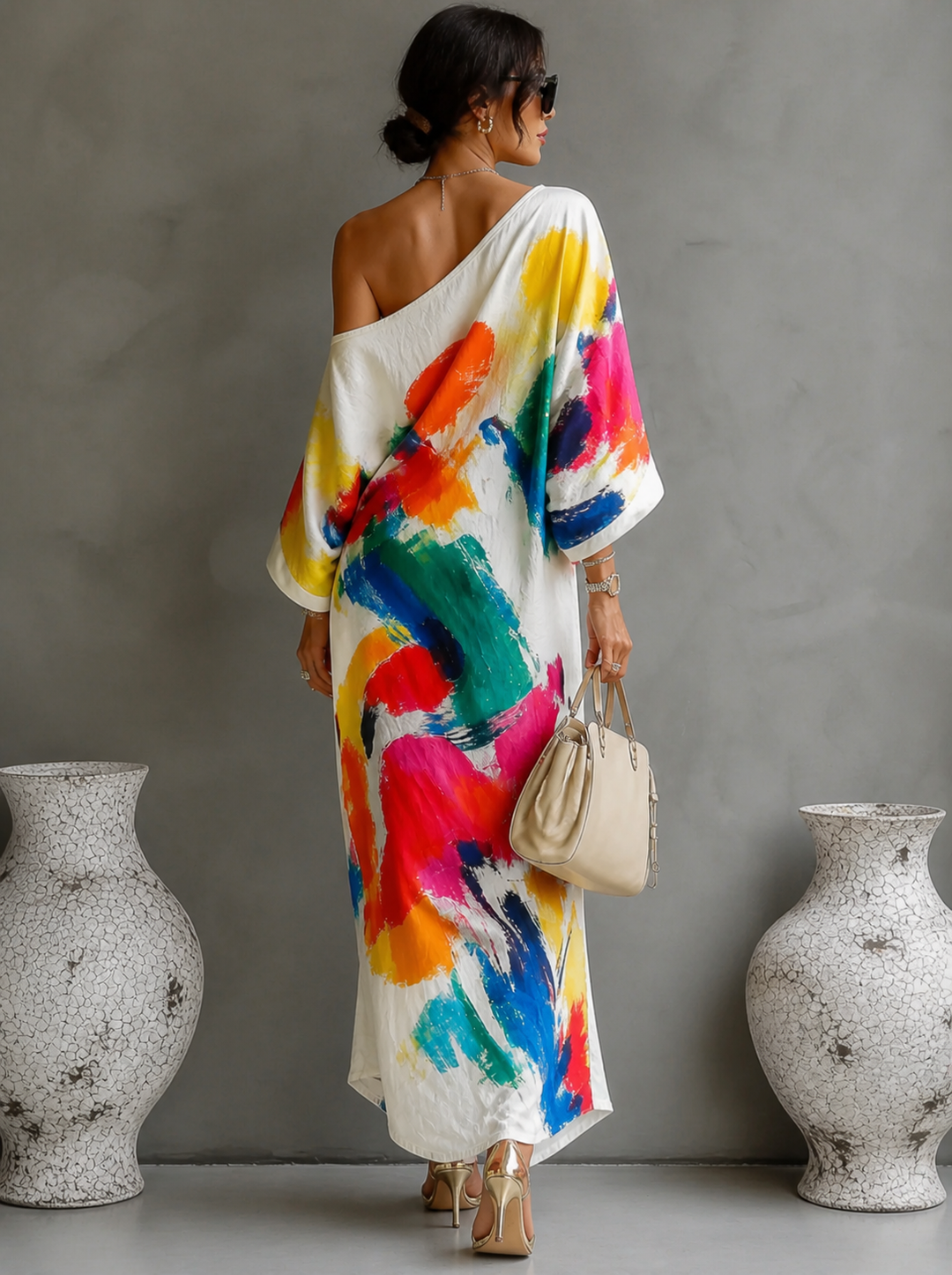 Lorrainen | Vestido Largo de un Solo Hombro con Estampado Abstracto