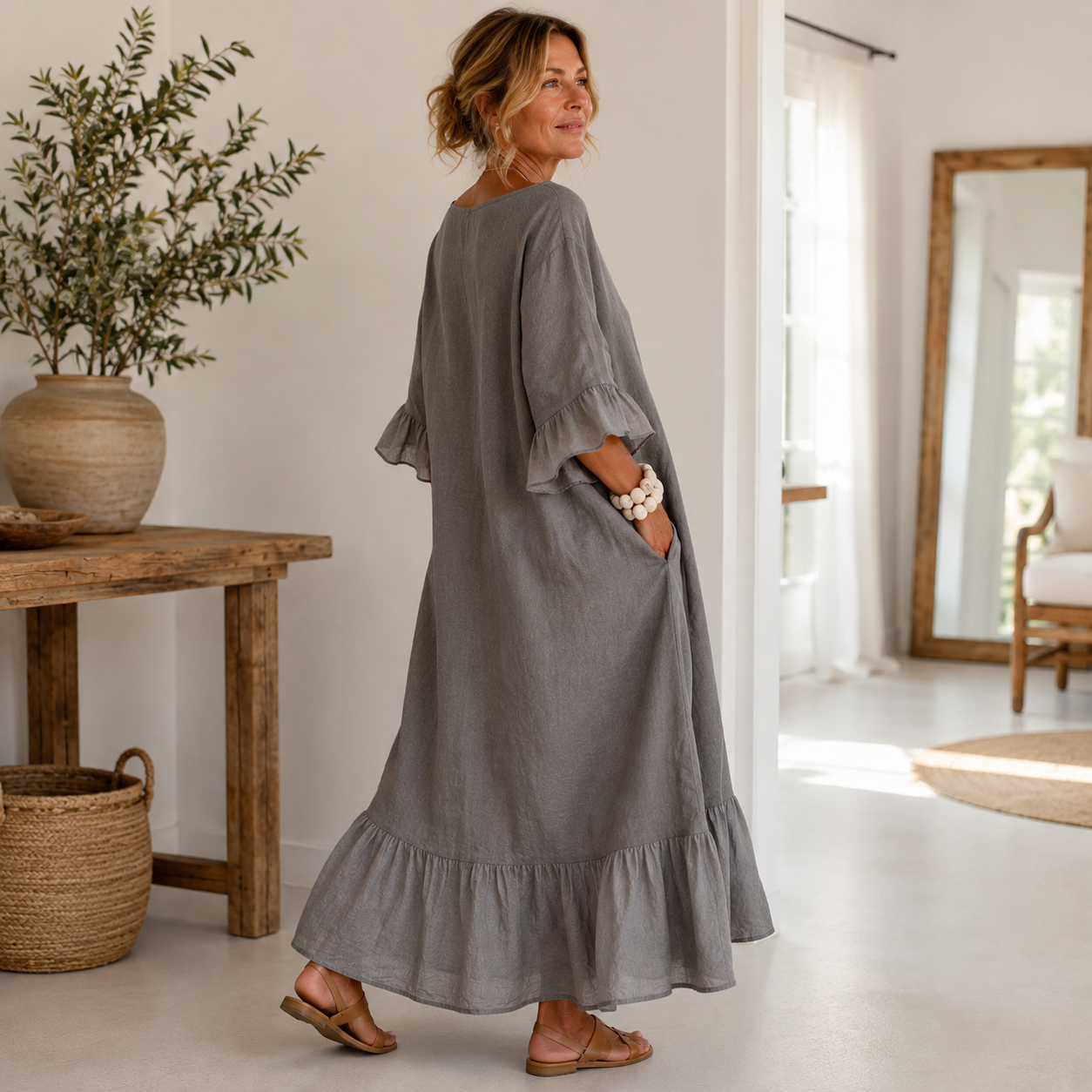 Hannele | Vestido Largo Con Puños Y Bajo Con Volantes
