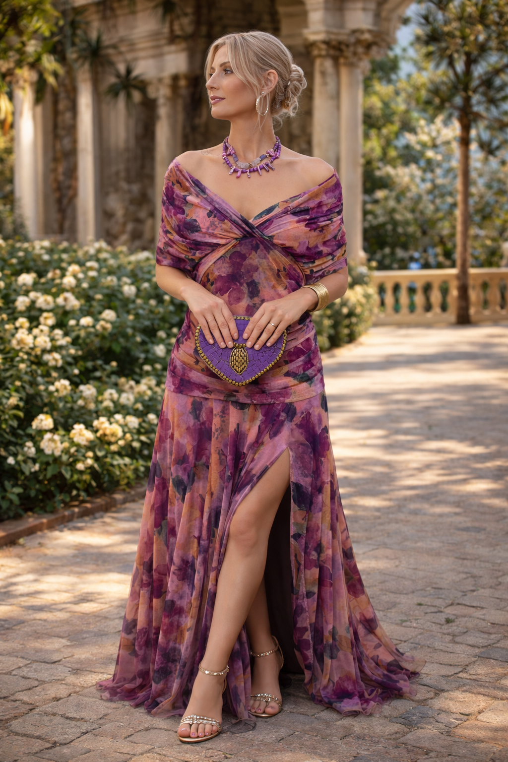 Nadeesha - Vestido Largo Con Escote en V y Corte Lateral Estampado Floral