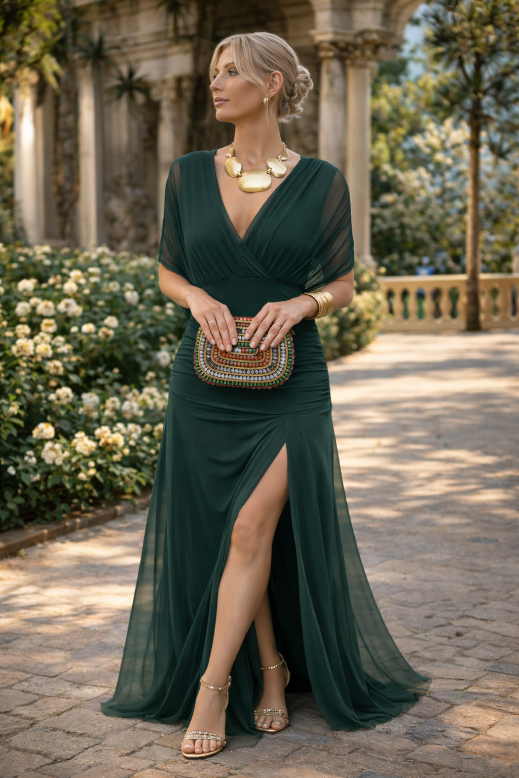 Nadeesha - Vestido Largo Con Escote en V y Corte Lateral Estampado Floral