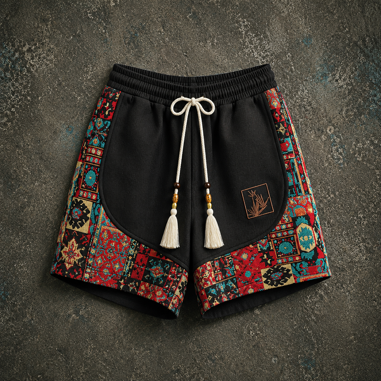 Haren | Pantalones Cortos con Cordón y Paneles de Estampado Etnico