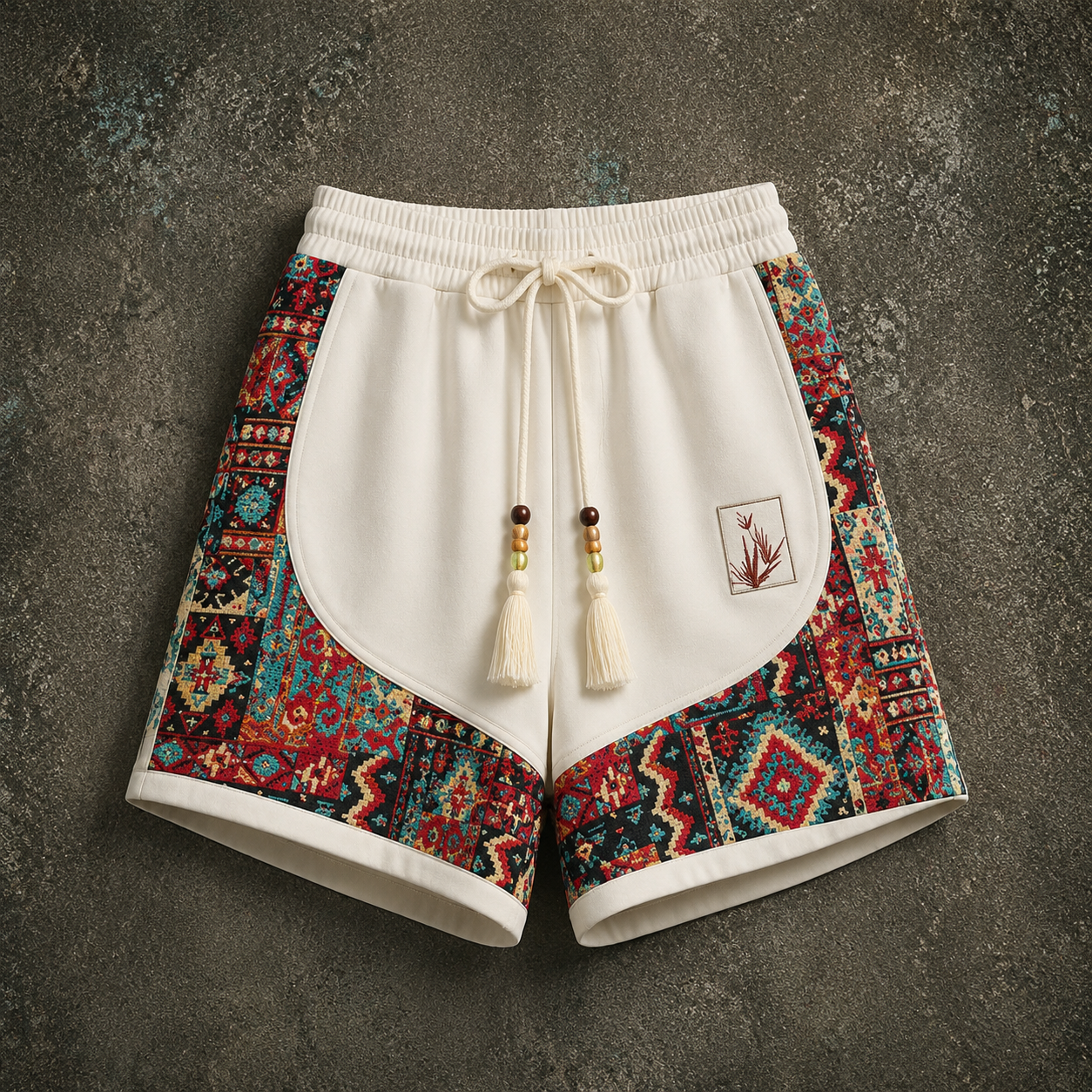 Haren | Pantalones Cortos con Cordón y Paneles de Estampado Etnico