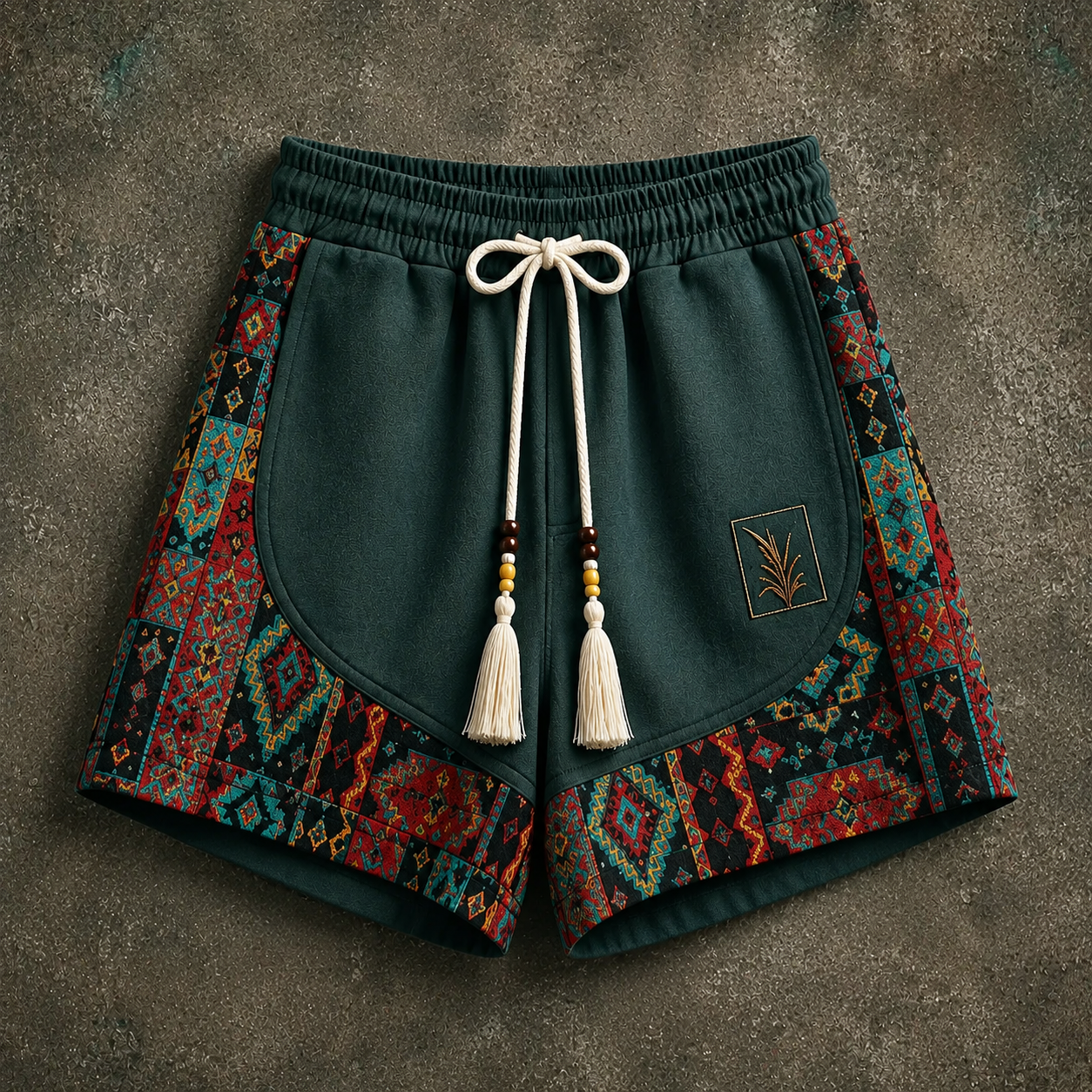 Haren | Pantalones Cortos con Cordón y Paneles de Estampado Etnico