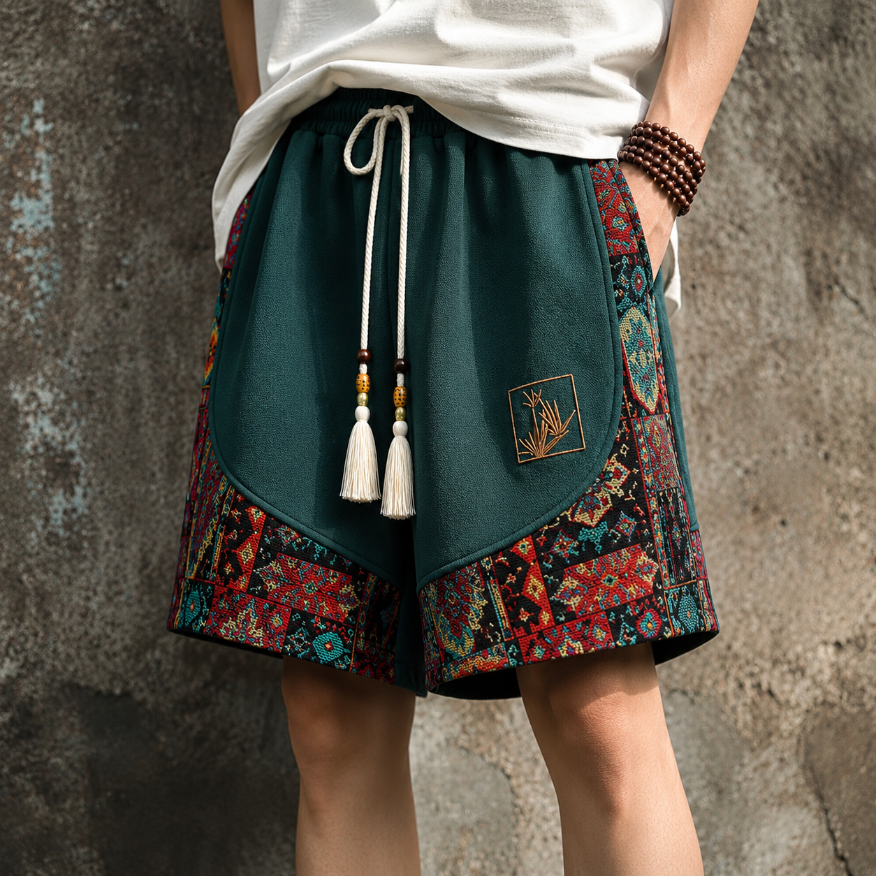 Haren | Pantalones Cortos con Cordón y Paneles de Estampado Etnico