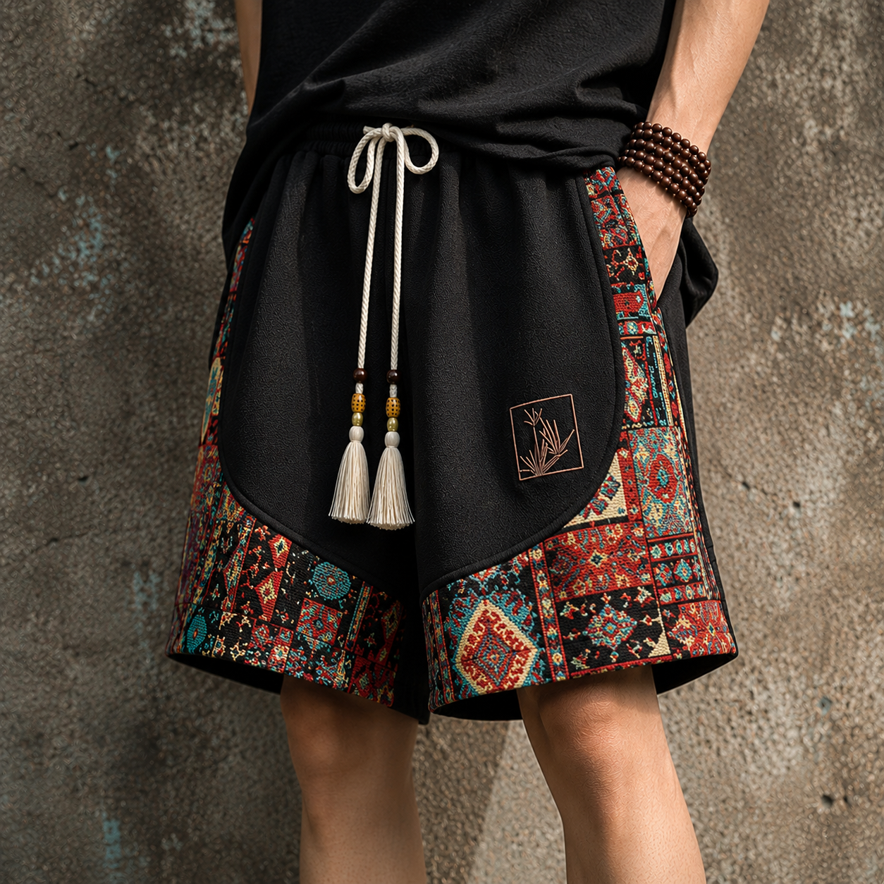 Haren | Pantalones Cortos con Cordón y Paneles de Estampado Etnico