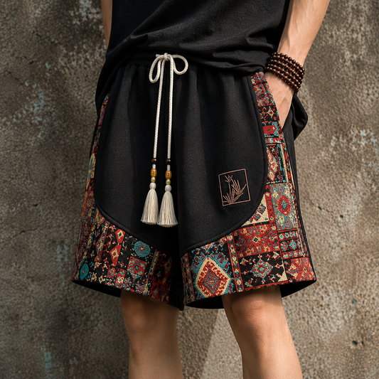 Haren | Pantalones Cortos con Cordón y Paneles de Estampado Etnico