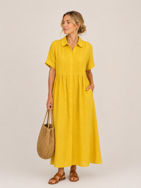 Anjali | Vestido Camisero Midi de Manga Corta Con Botones en la Parte Delantera