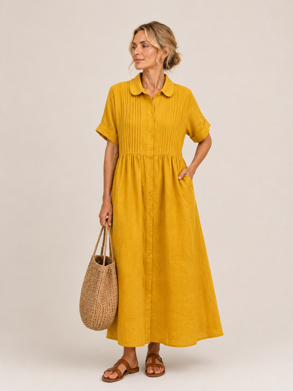 Anjali | Vestido Camisero Midi de Manga Corta Con Botones en la Parte Delantera