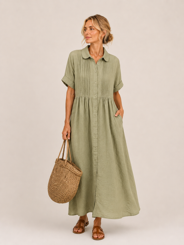 Anjali | Vestido Camisero Midi de Manga Corta Con Botones en la Parte Delantera