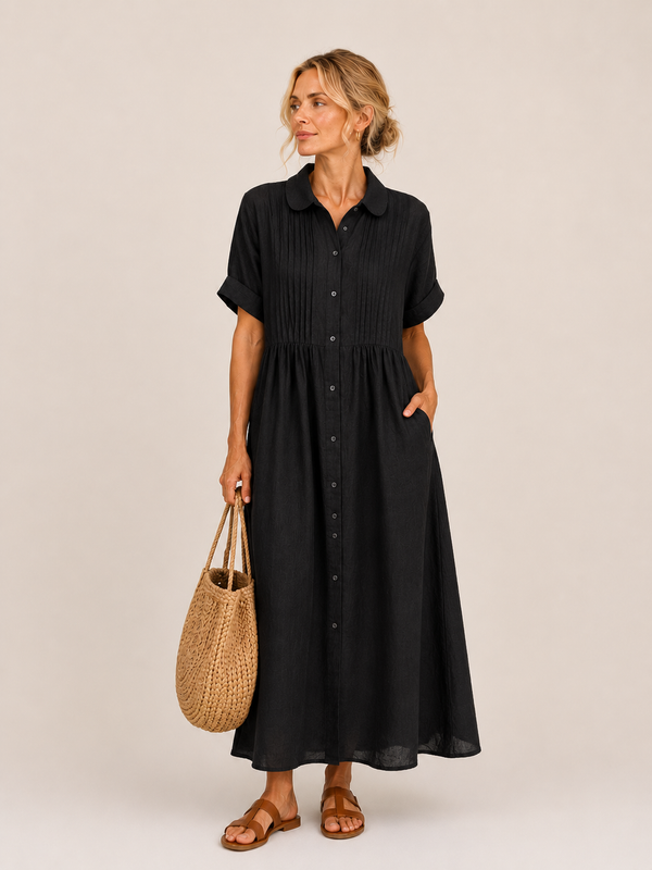 Anjali | Vestido Camisero Midi de Manga Corta Con Botones en la Parte Delantera