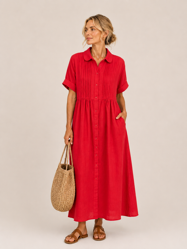 Anjali | Vestido Camisero Midi de Manga Corta Con Botones en la Parte Delantera