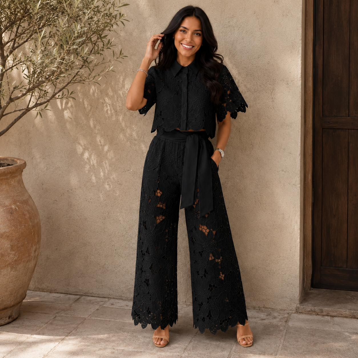 Anni | Conjunto De Camisa De Encaje Y Pantalón De Pierna Ancha