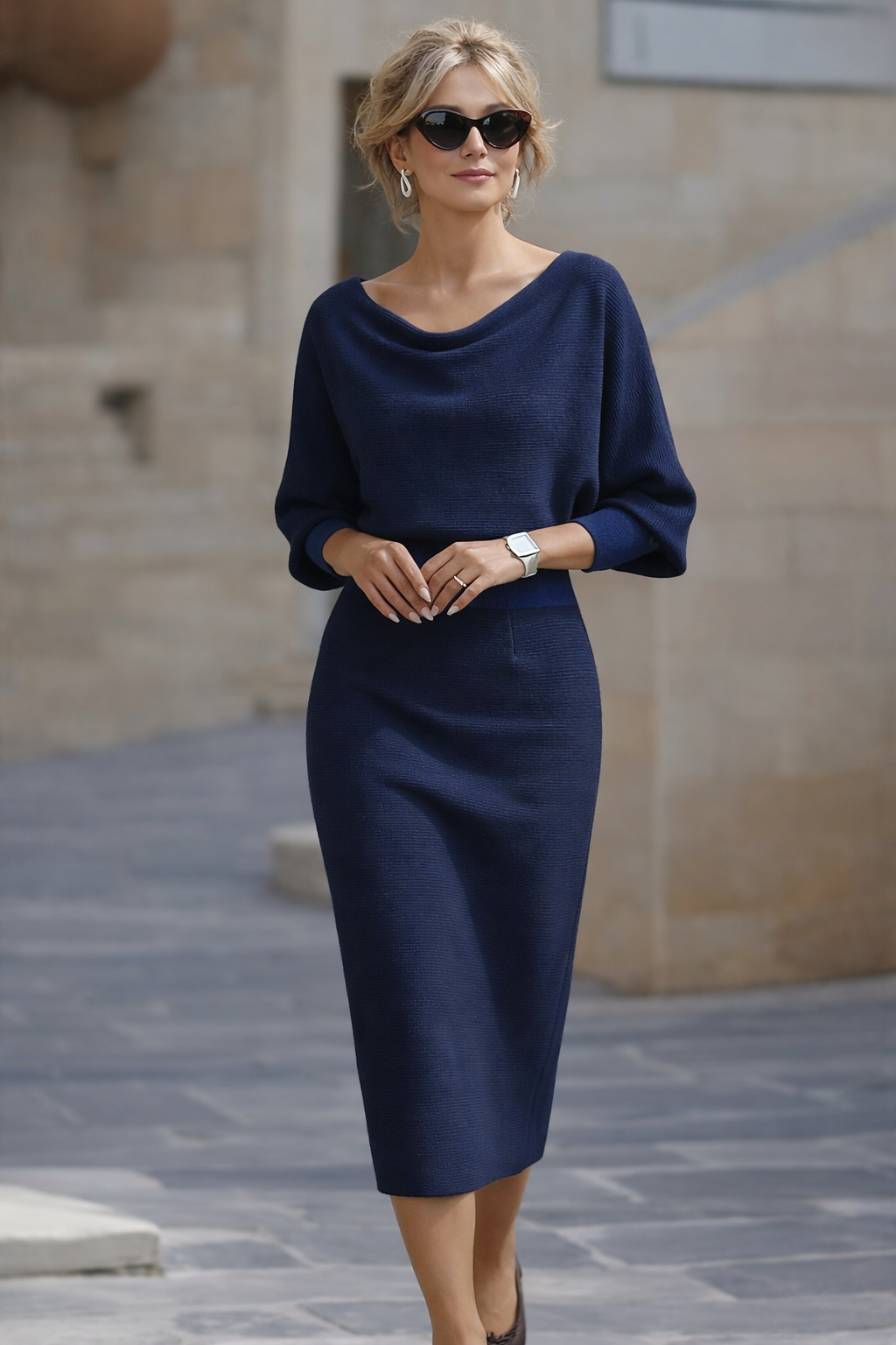 Amyy | Vestido MIDI De Punto Texturizado Con Mangas De Murciélago