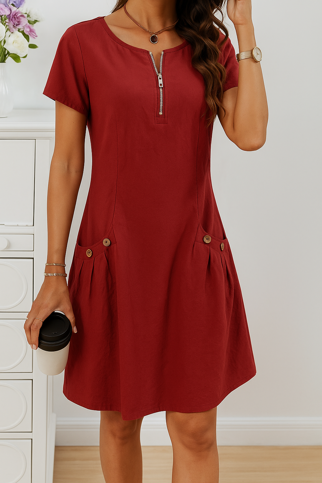 Rudina | Vestido De Manga Corta Con Cremallera Frontal Y Bolsillos
