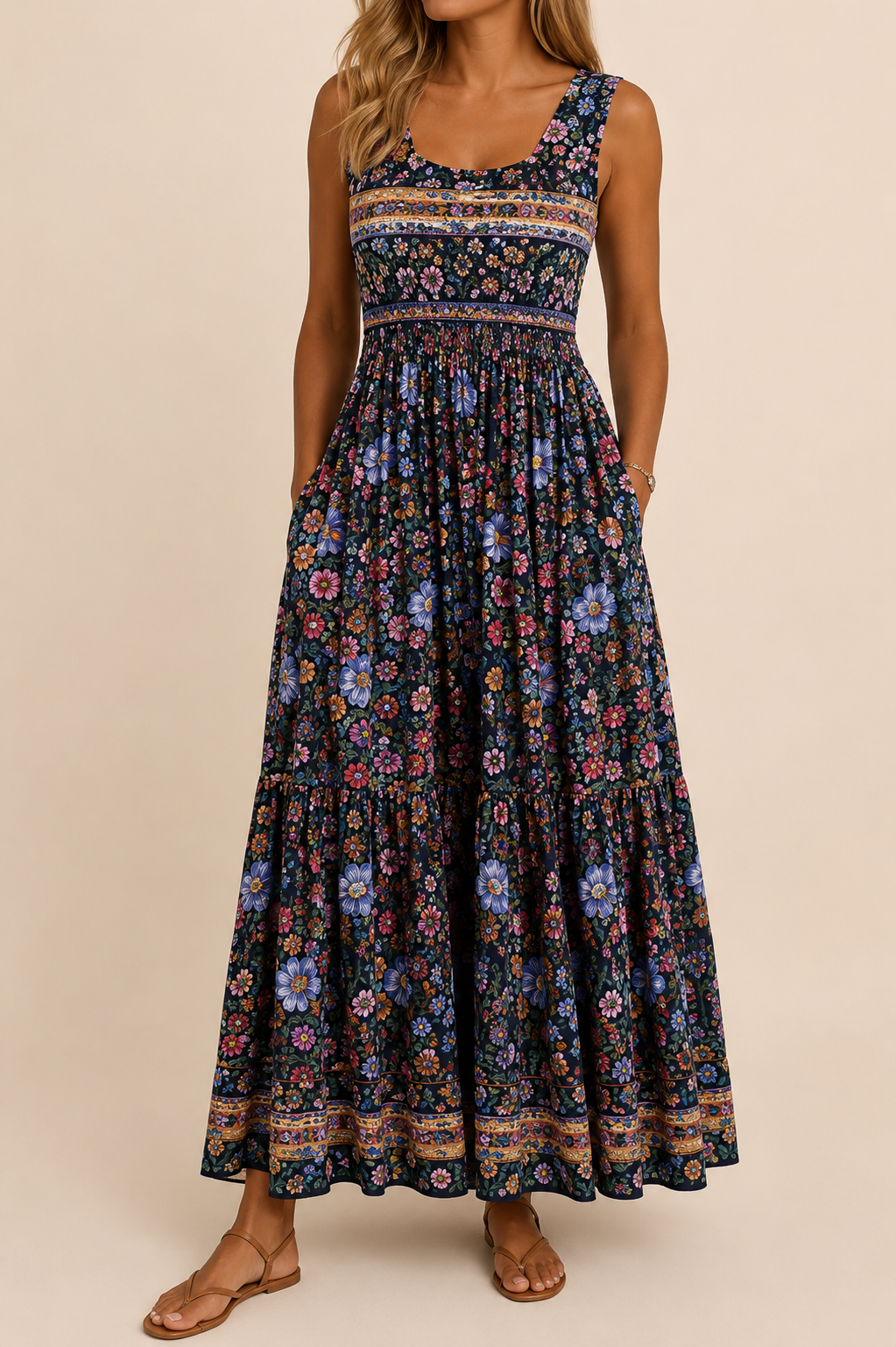 Raqual | Vestido Largo Sin Mangas Con Estampado Floral y Bolsillos