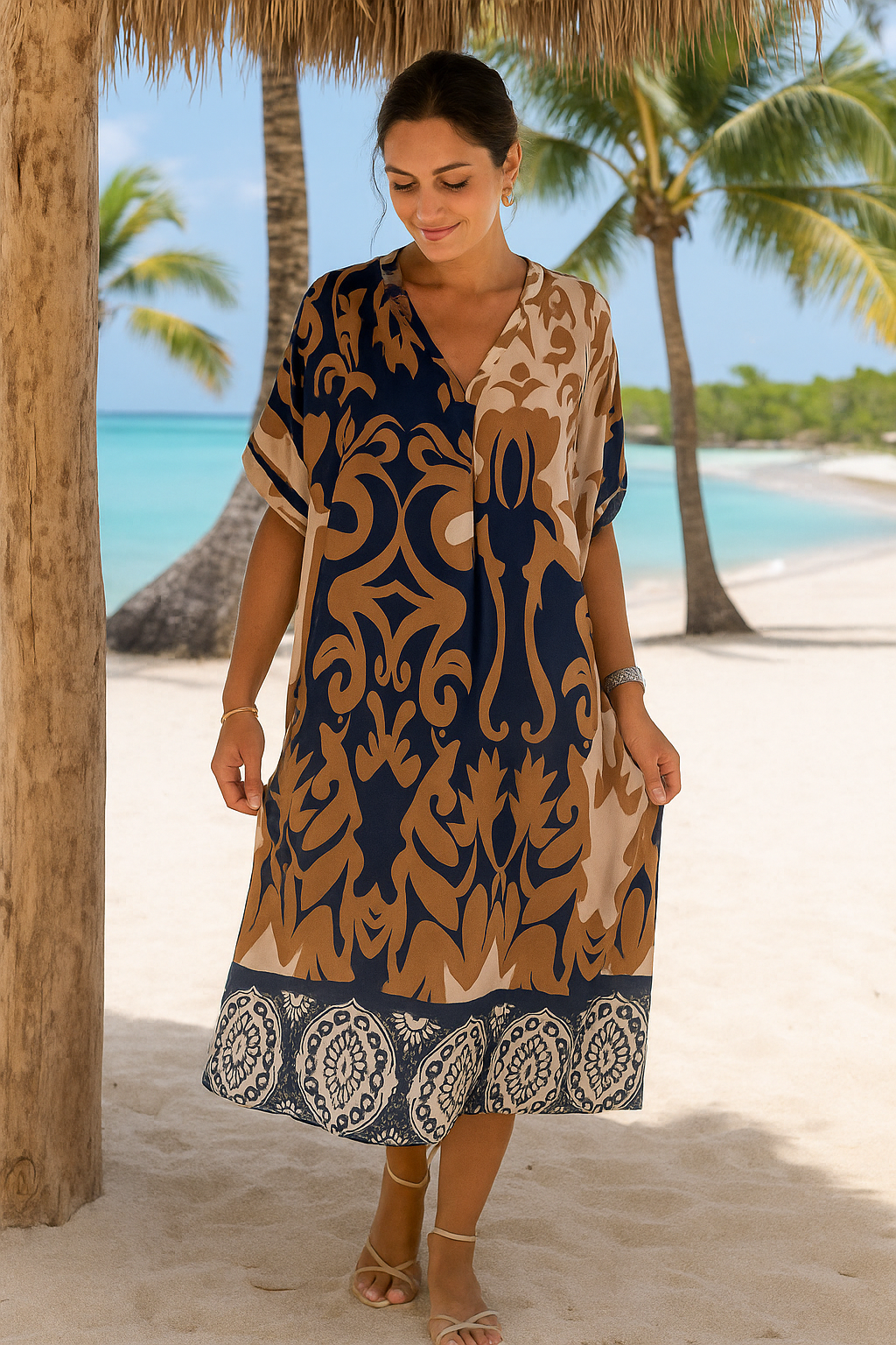 Rilana | Vestido Midi Holgado Estampado Cuello V
