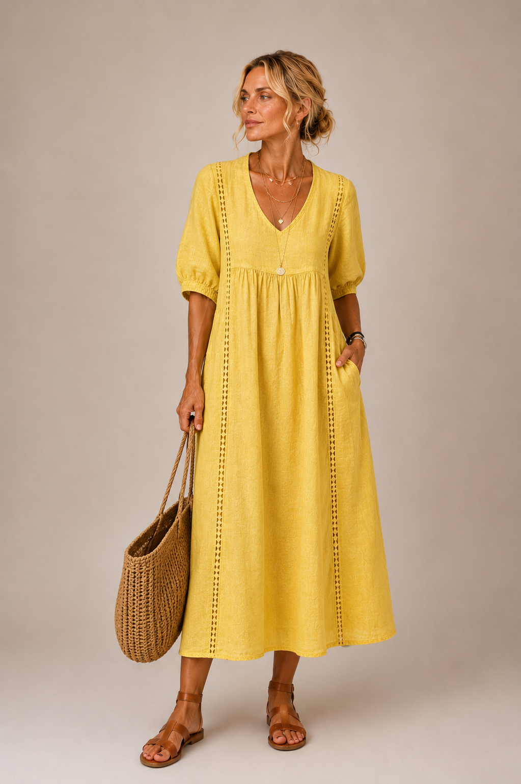 Keresa | Vestido MIDI Con Cuello en V Y Mangas Abullonadas