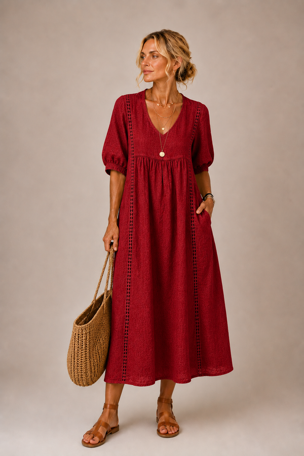 Keresa | Vestido MIDI Con Cuello en V Y Mangas Abullonadas