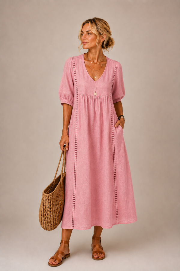 Keresa | Vestido MIDI Con Cuello en V Y Mangas Abullonadas