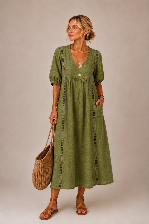 Keresa | Vestido MIDI Con Cuello en V Y Mangas Abullonadas