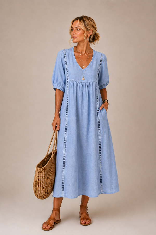 Keresa | Vestido MIDI Con Cuello en V Y Mangas Abullonadas