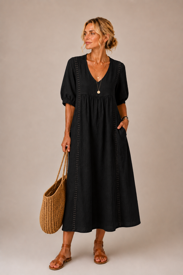 Keresa | Vestido MIDI Con Cuello en V Y Mangas Abullonadas