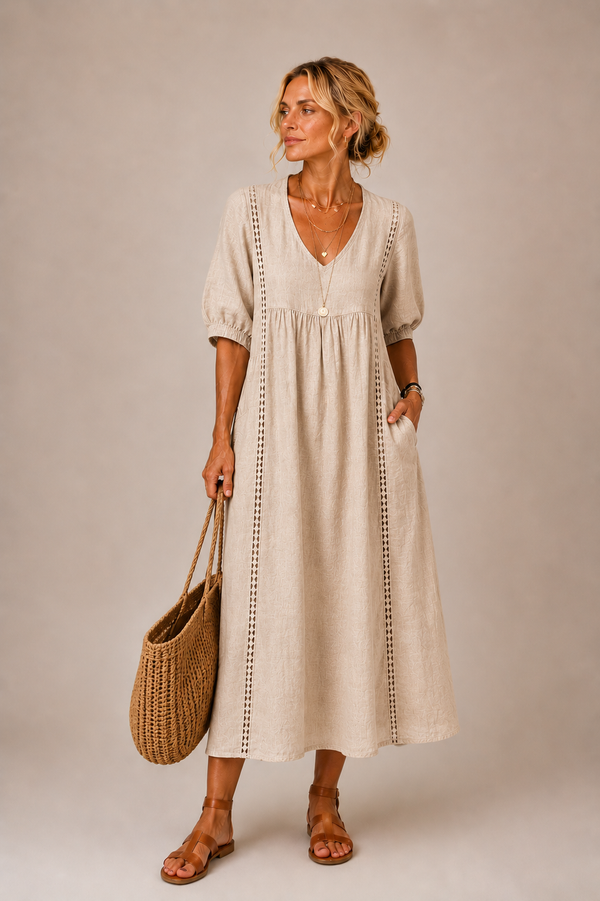 Keresa | Vestido MIDI Con Cuello en V Y Mangas Abullonadas
