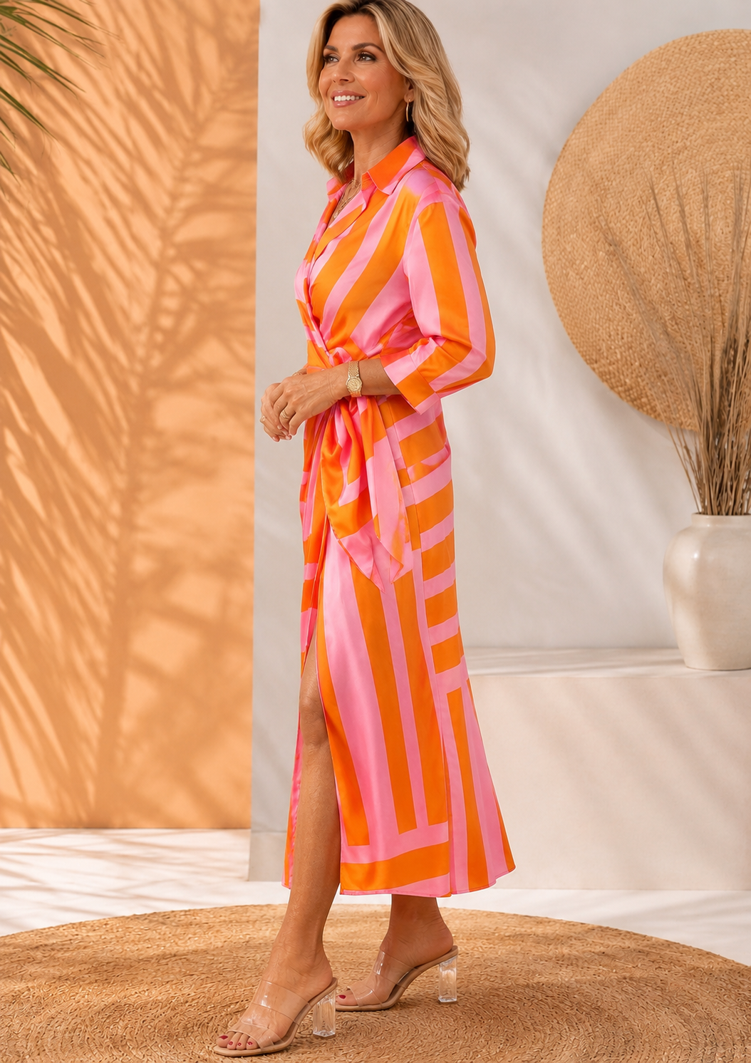 Olivera | Vestido Camisero Largo a Rayas Con Cinturón