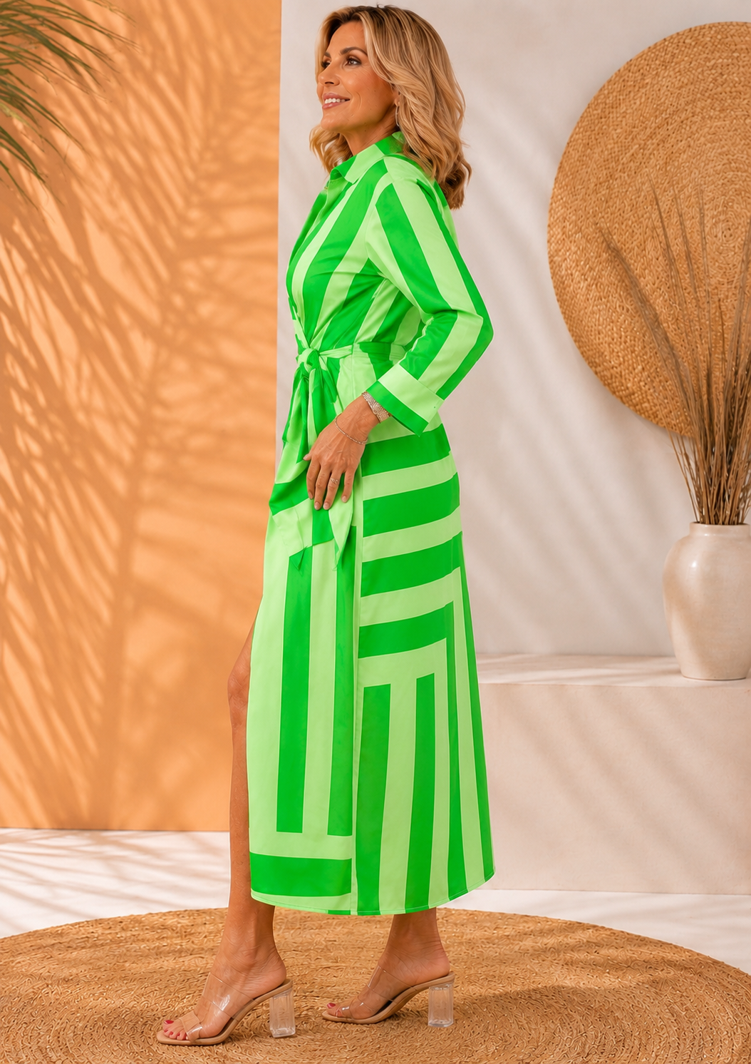 Olivera | Vestido Camisero Largo a Rayas Con Cinturón