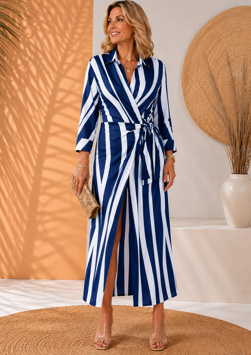 Olivera | Vestido Camisero Largo a Rayas Con Cinturón