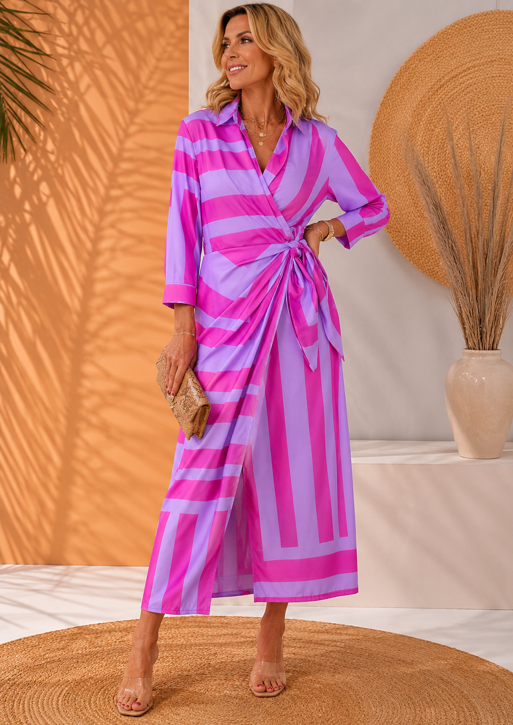 Olivera | Vestido Camisero Largo a Rayas Con Cinturón