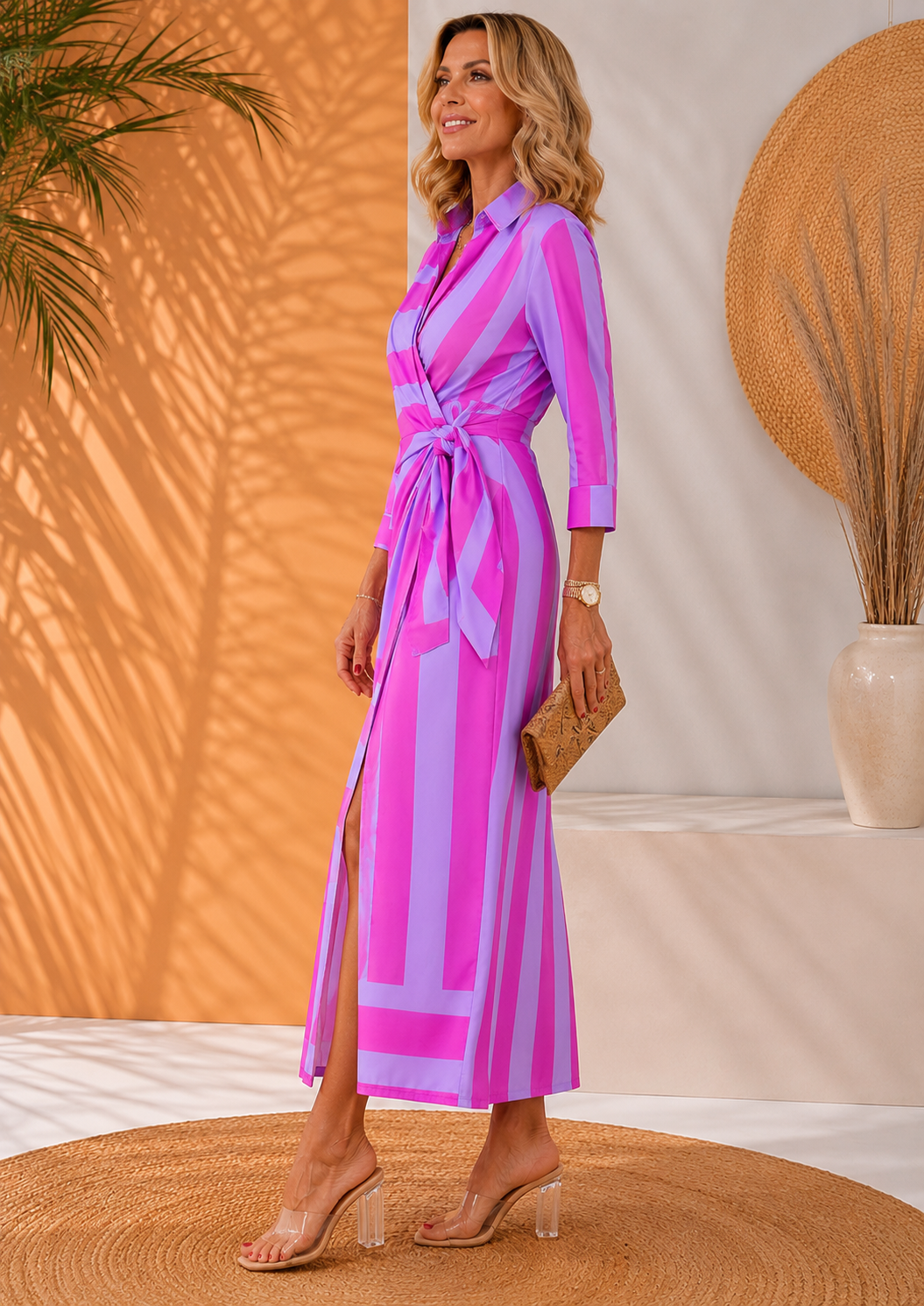 Olivera | Vestido Camisero Largo a Rayas Con Cinturón