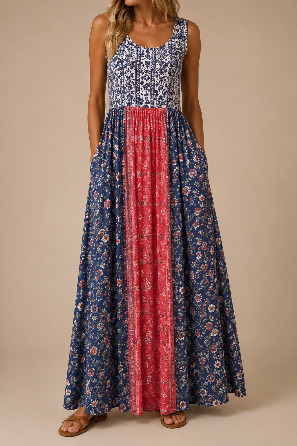 Raqual | Vestido Largo Sin Mangas Con Estampado Floral y Bolsillos