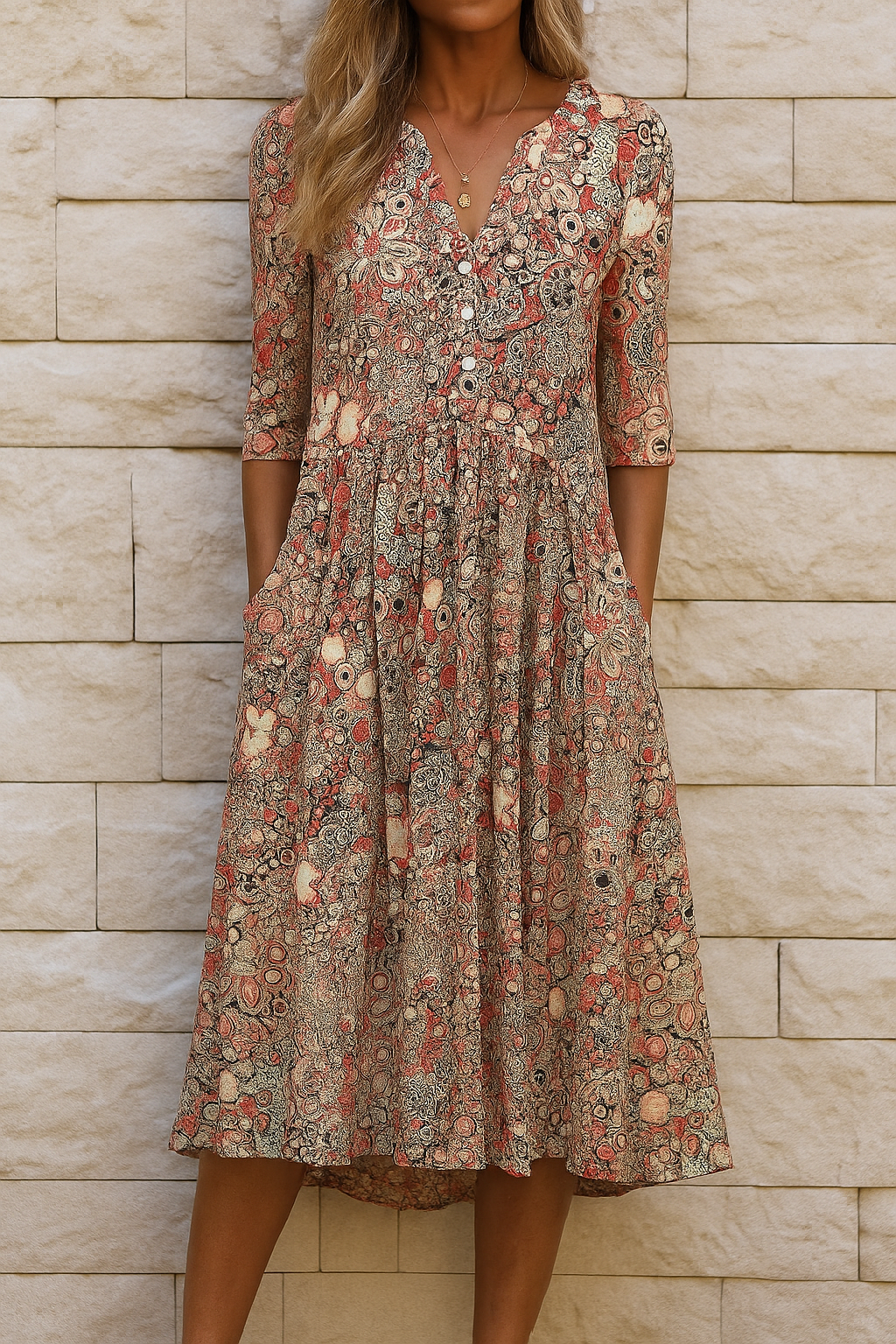 Eliskaa | Vestido Midi Floral Cuello V