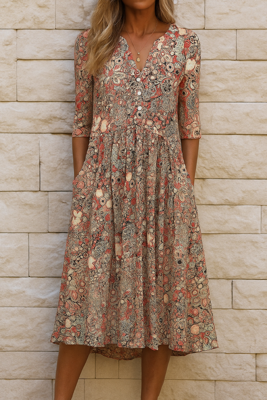 Eliskaa | Vestido Midi Floral Cuello V