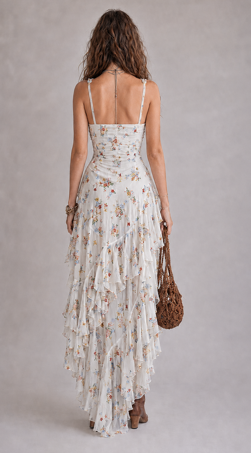 Makbule | Vestido MIDI Asimétrico Con Volantes Y Estampado Floral