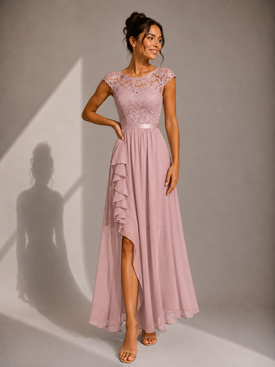 Yoanna | Vestido Maxi con Encaje Volante y Abertura