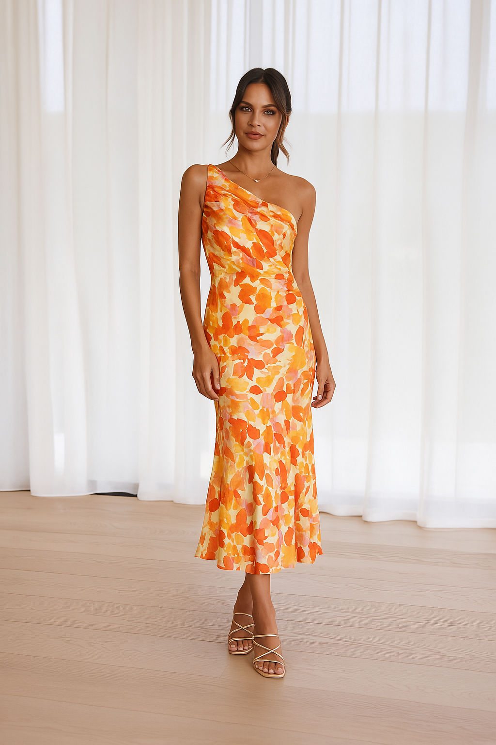 Cynthia | Vestido Midi de Satén Con Estampado Floral y un Solo Hombro