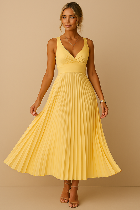 Tuuliki | Vestido Midi Plisado Sin Mangas Cuello V