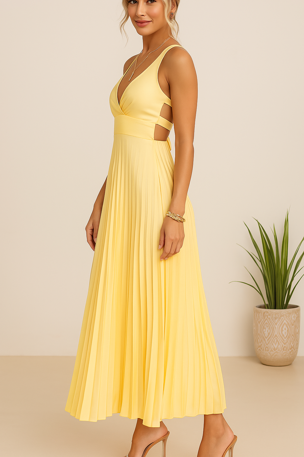 Tuuliki | Vestido Midi Plisado Sin Mangas Cuello V