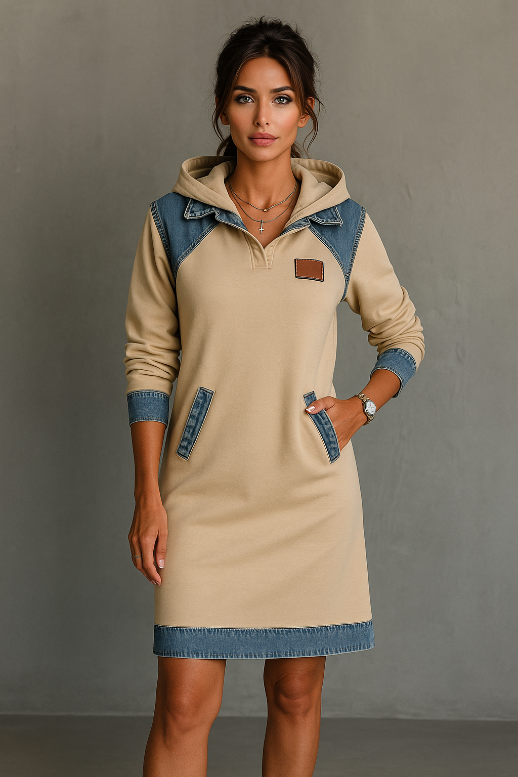 Viktoria - Vestido sudadera con capucha y ribetes de denim