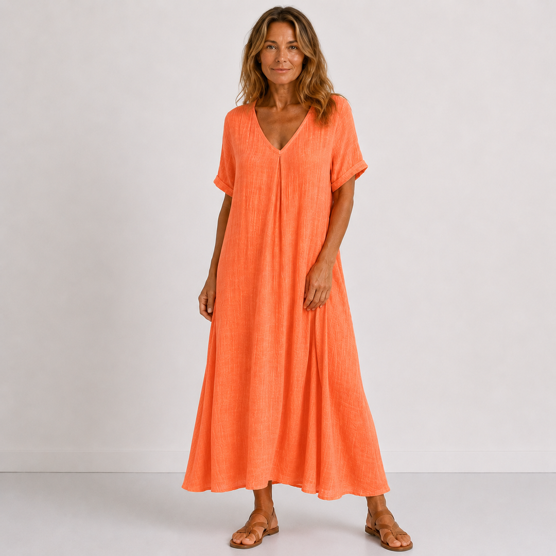 Julessa | Vestido Maxi Manga Corta Cuello V